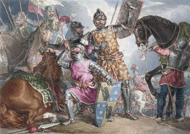 Warwick, Edward IV and Edward's younger brother Richard before the battle. Illustration from Henry IV part 3, by John Augustus Atkinson