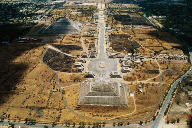 An aerial view of the city. Teotihuacan is pronounced "Tay-oh-tee-wha-KAHN".