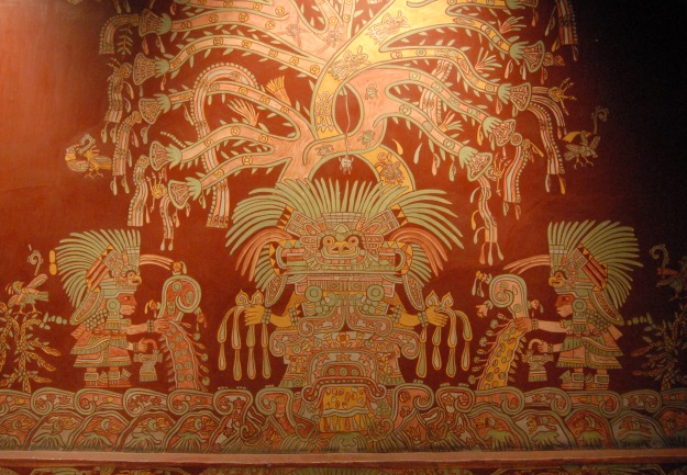 A reproduction of the most famous mural of the Great Goddess, as displaying in the museum in Mexico City. Note the spider hanging from the tree above her head, and the yellow arms.
