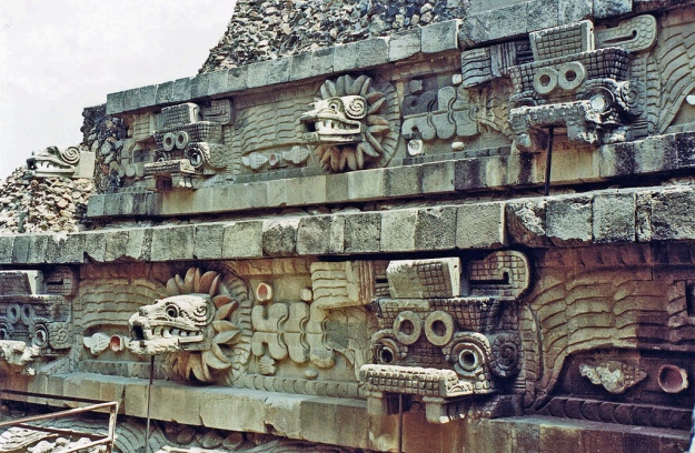 Detail from the Temple of the Feather Serpent. Known in other cultures as Quetzalcoatl, this god is probably the most familiar of Teothuacan's gods.