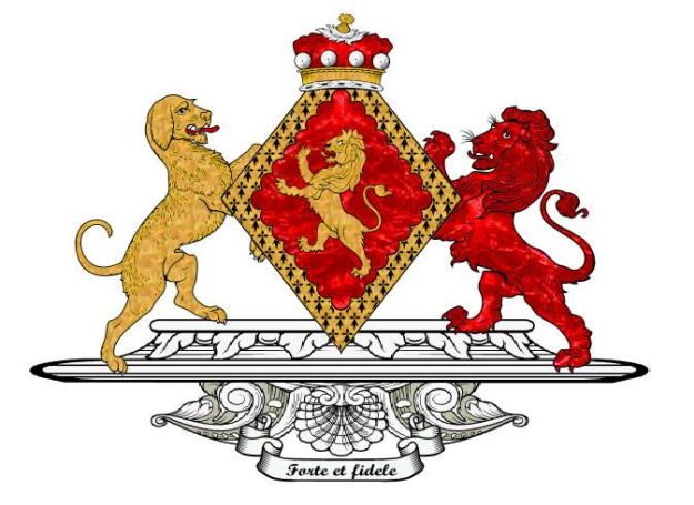 The coat of arms taken by the 1st Baroness Talbot. The lion is a traditional part of the Talbot family arms, both in Ireland and England, and actually originated as the royal arms of the Welsh House of Dinefwr, from whom the English Lord Talbots are descended.