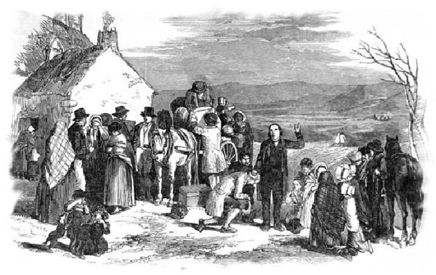 One of many woodcuts depicting the evictions. Tenants had few rights in Ireland at the time, and the Derryveagh Evictions were far from unique. Eventually this would lead to the "Land War", a period of civil unrest.