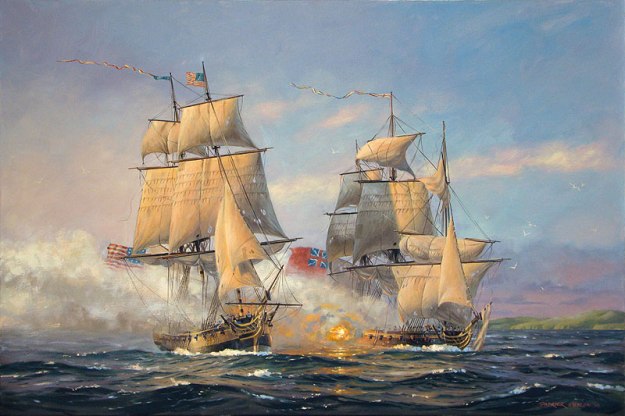 John Paul Jones' ship, the Ranger, in combat with HMS Drake off the coast by Carrickfergus. Painting by Patrick O'Brien